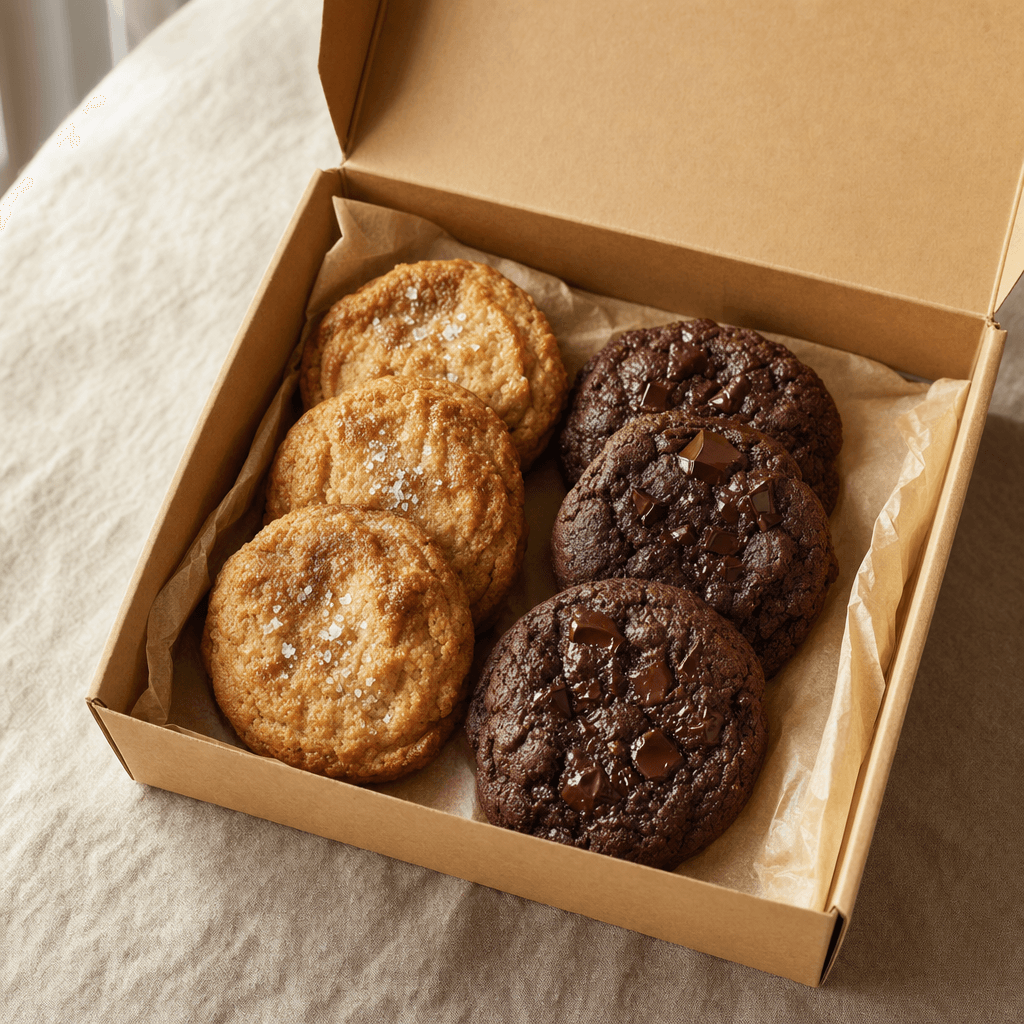 An open kraft box holding six cookies: three brown-butter cookies with sea salt and three dark chocolate cookies.