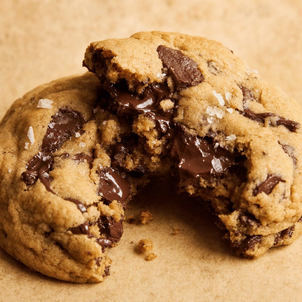 A brown-butter cookie broken open, with melted chocolate and sea salt.