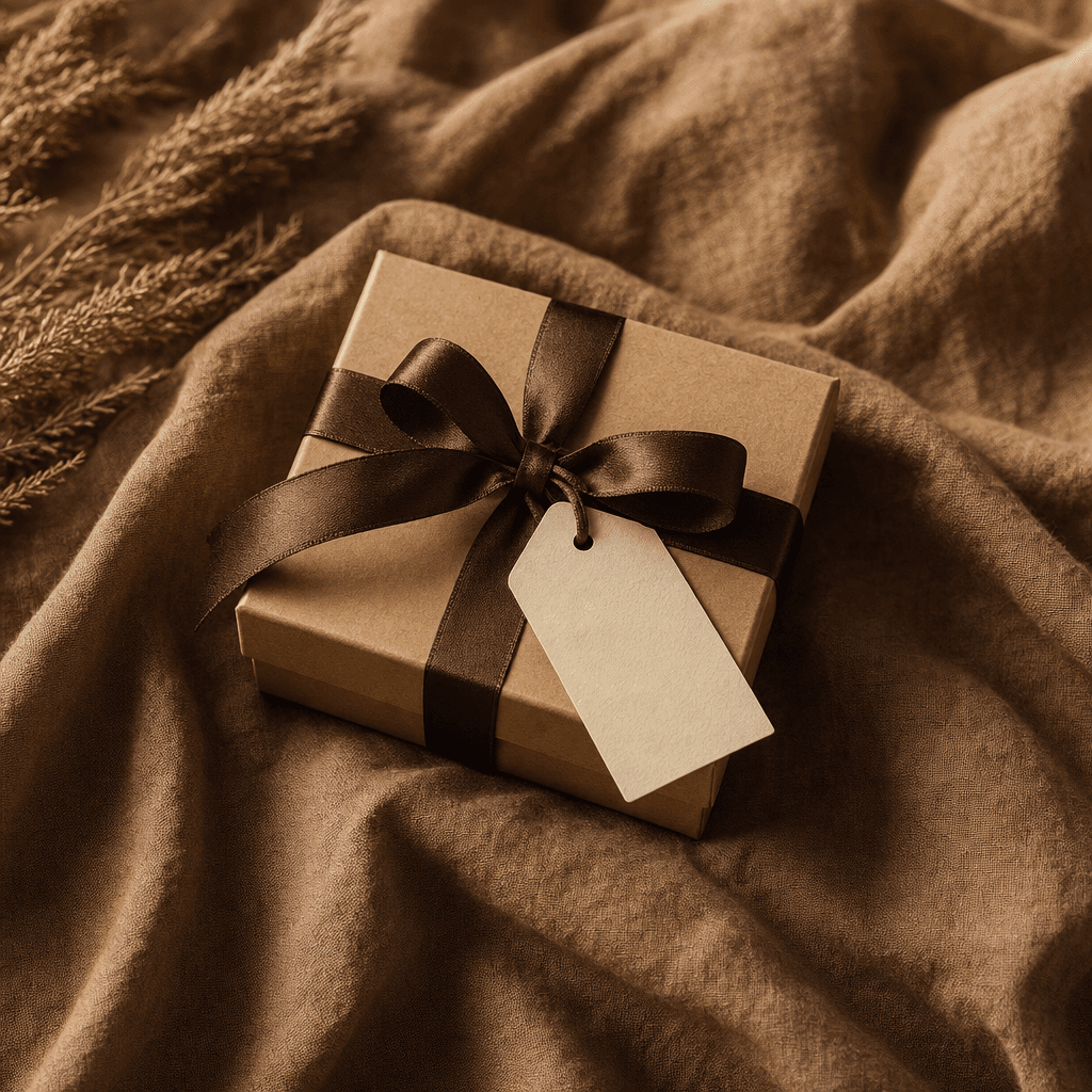 A kraft gift box tied with a cacao ribbon and a blank cream tag.